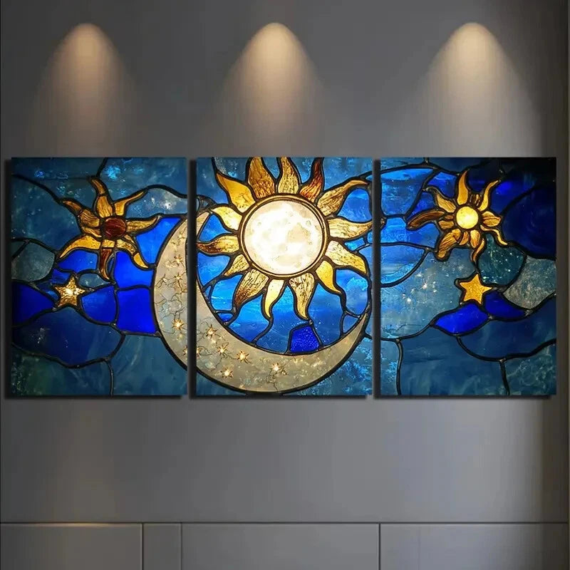 3pcs Sun And Moon Pattern with Stars Metal Print Ready to Hang Art