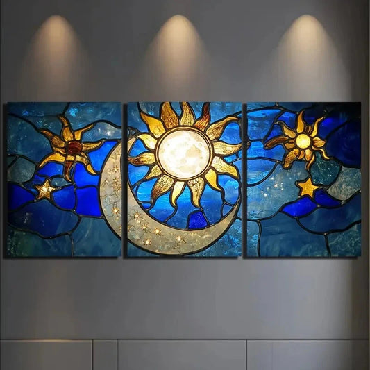 3pcs Sun And Moon Pattern with Stars Metal Print Ready to Hang Art