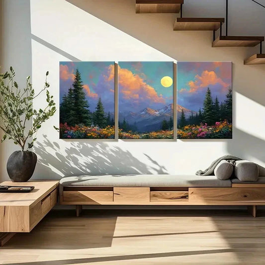 3pcs Moonlit Mountain Landscape Pine Trees Metal Print Ready to Hang Art