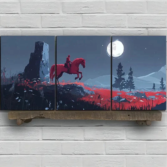 3pcs A Horse Jumping Under The Moonlight Red Metal Print Ready to Hang Art