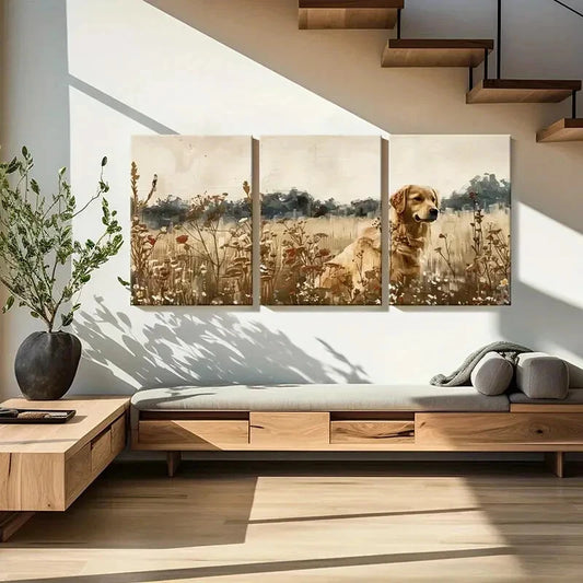 3pcs Golden Retriever Floral Garden Vintage Style Metal Print Ready to Hang Art