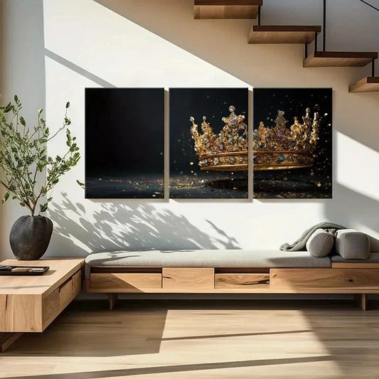 3pcs Golden Crown Royal Jewels Luxury Decor Metal Print Ready to Hang Art