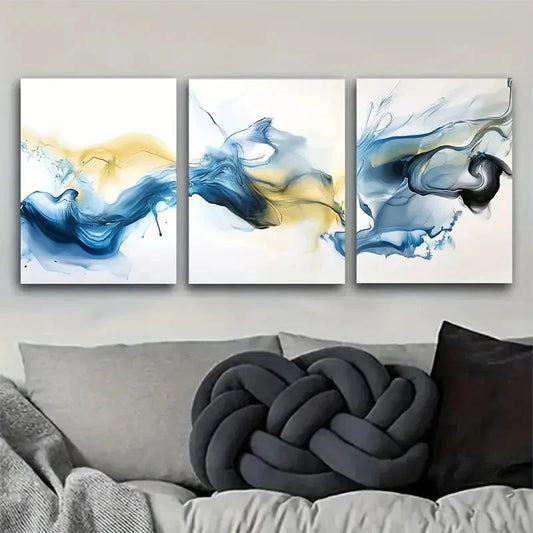 3pcs Abstract Blue and Golden Modern Minimalist Metal Print Ready to Hang Art