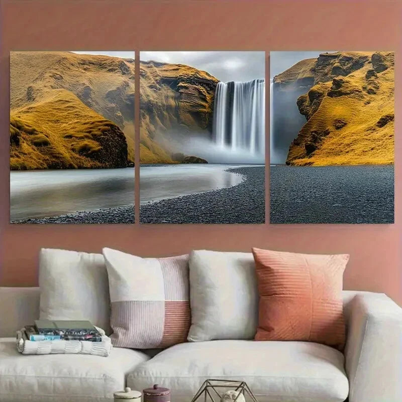 3pcs Dramatic Cloudy Sky & Lush Greenery Waterfall Metal Print Ready to Hang Art