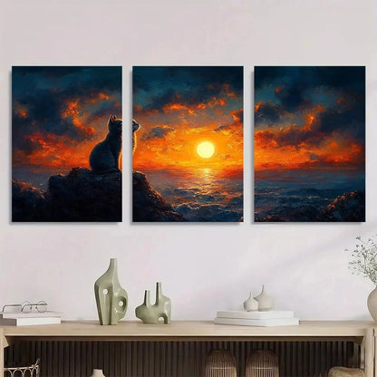 3pcs Moonlit Cat Serene Sunset Scene Metal Print Ready to Hang Art