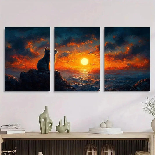 3pcs Moonlit Cat Serene Sunset Scene Metal Print Ready to Hang Art