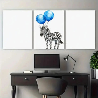 3pcs Whimsical Zebra with Blue Balloon Watercolor Metal Print Ready to Hang Art