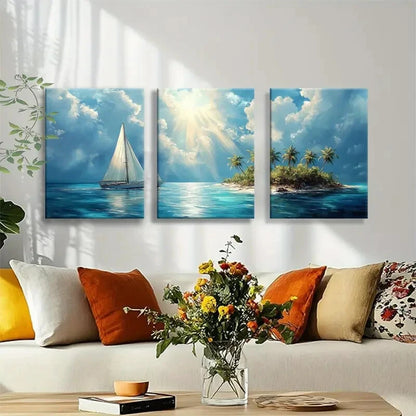 3pcs Serene Ocean Landscape with Blue Sky Metal Print Ready to Hang Art