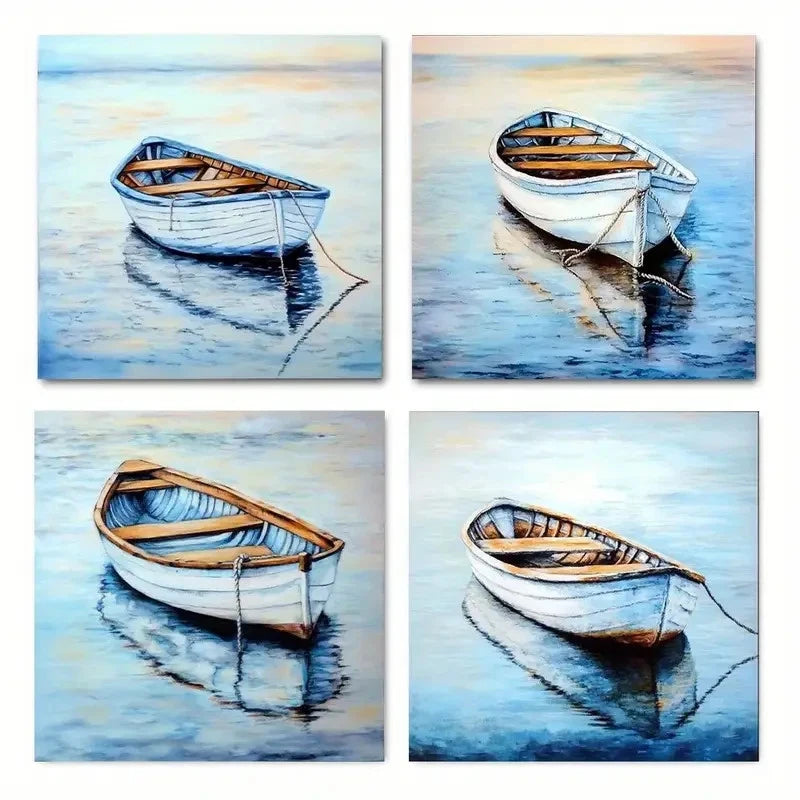 4pcs  Coastal Light Blue Sailboat Wall Art Canvas Framed