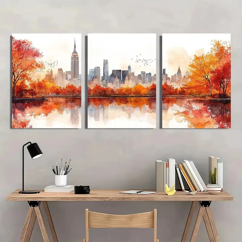 3pcs New York Cityscape Watercolor Neutral Metal Print Ready to Hang Art