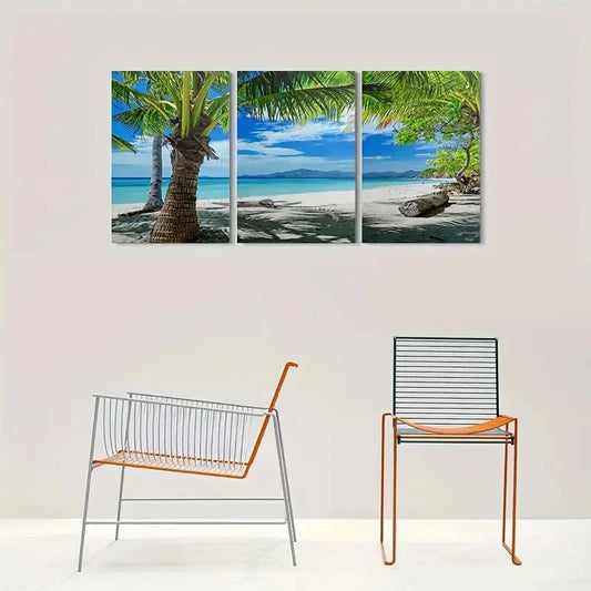 3pcs Tropical Palm Trees & Blue Sea Metal Print Ready to Hang Art