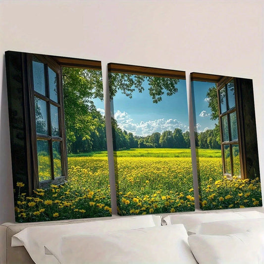 3pcs Serene Green Field & Blue Sky View Wall Art Set Canvas Framed 40x60cm - High Quality Print 100% Australian Made Wall Canvas Ready to Hang