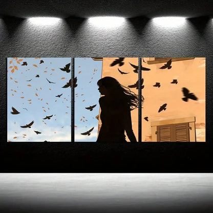 3pcs Silhouette Woman and Birds Illustration Metal Print Ready to Hang Art