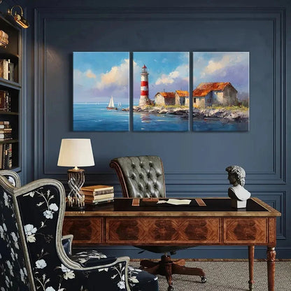 3pcs Lighthouse Coastal Scene Mediterranean Metal Print Ready to Hang Art