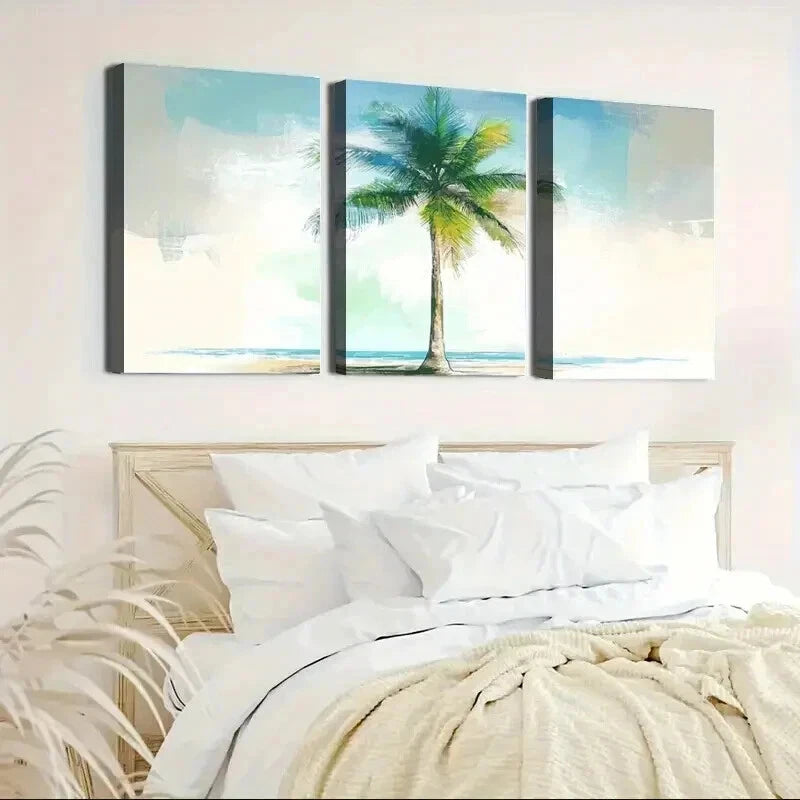 3pcs Palm Tree and Ocean View Tropical Scene Wall Art Set Canvas Framed 40x60cm - High Quality Print 100% Australian Made Wall Canvas Ready to Hang