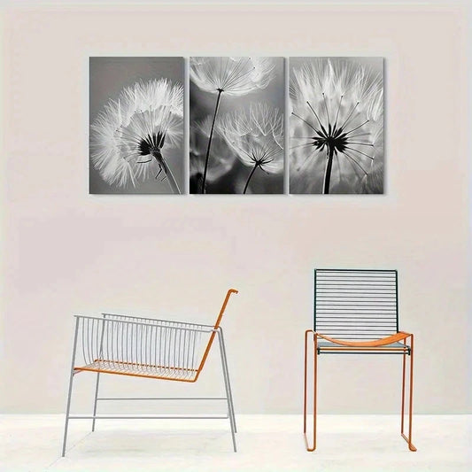 3pcs Modern Black & White Dandelion Metal Print Ready to Hang Art
