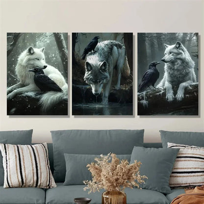 3pcs Raven and Wolf Dark Style Wild Animals Metal Print Ready to Hang Art