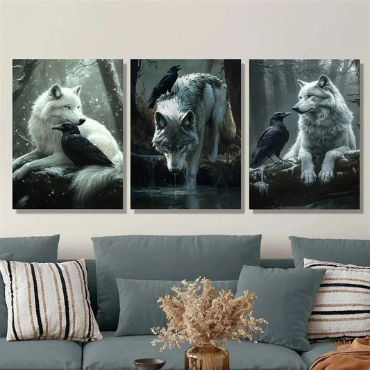 3pcs Raven and Wolf Dark Style Wild Animals Metal Print Ready to Hang Art
