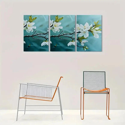 3pcs White Flowers on Blue Background Metal Print Ready to Hang Art