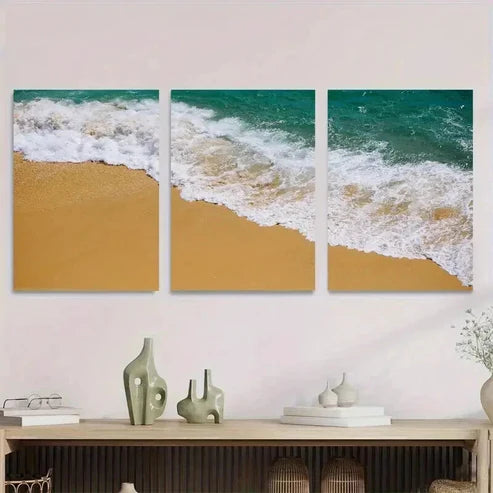 3pcs Beach Wave Ocean Waves On Sandy Shoreline Wall Art Set Canvas Unframed - High Quality Print 100% Australian Made Wall Canvas