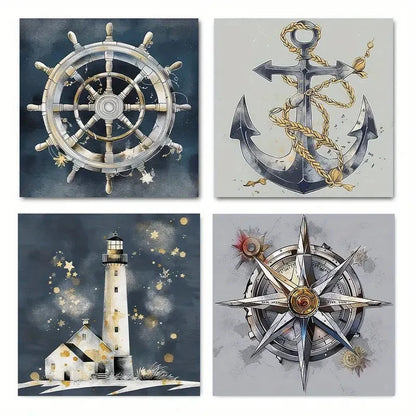 4pcs Nautical Ship Wheel Boat Anchor Lighthouse Wall Art Canvas Framed
