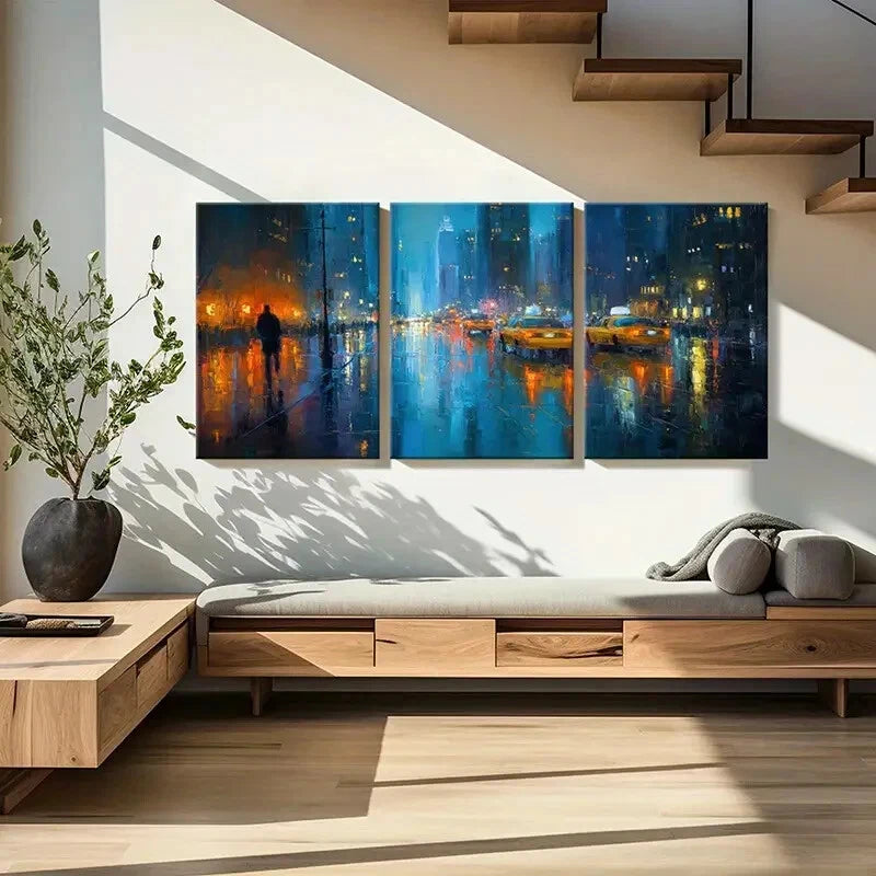3pcs Cityscape Night Rain Reflections Urban Lands Metal Print Ready to Hang Art