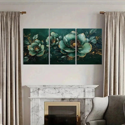 3pcs Teal Floral with Golden Accents Metal Print Ready to Hang Art