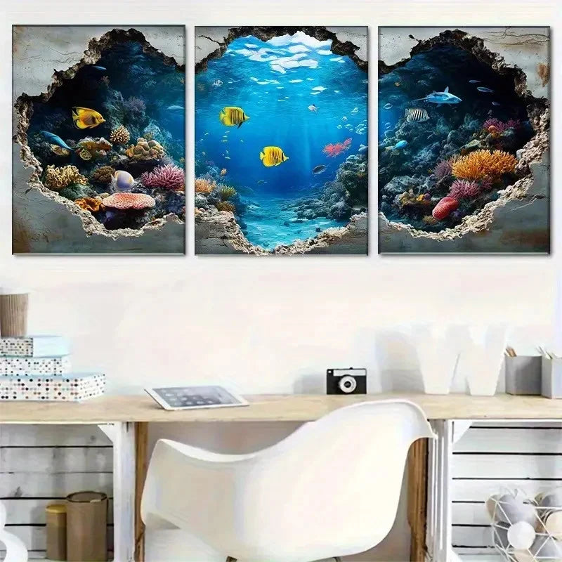 3pcs Underwater Scene Vibrant Coral Reef and Fish Metal Print Ready to Hang Art