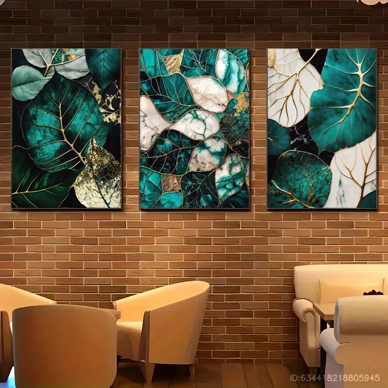 3pcs Botanical Green and Golden Leaf Metal Print Ready to Hang Art