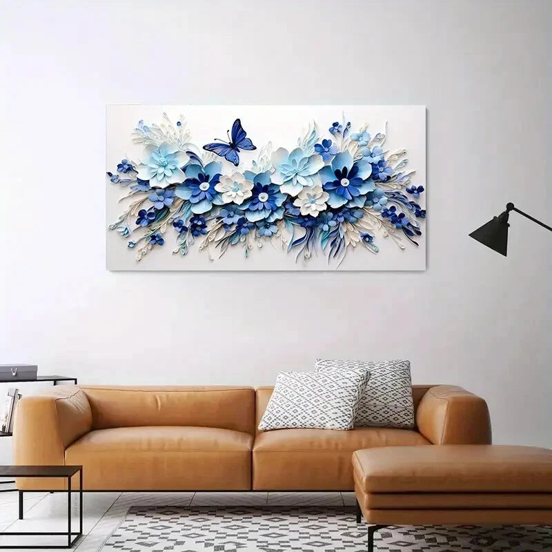 Blue Floral & Butterflies wall canvas office home room framed 120x60cm - Bella Home Decor