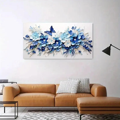 Blue Floral & Butterflies wall canvas office home room framed 120x60cm - Bella Home Decor