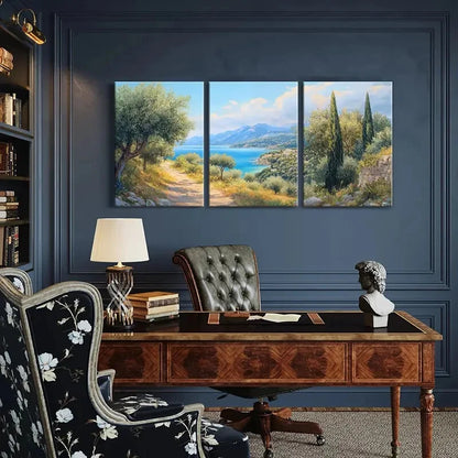 3pcs Mediterranean Coastal Scenery Olive Trees Metal Print Ready to Hang Art
