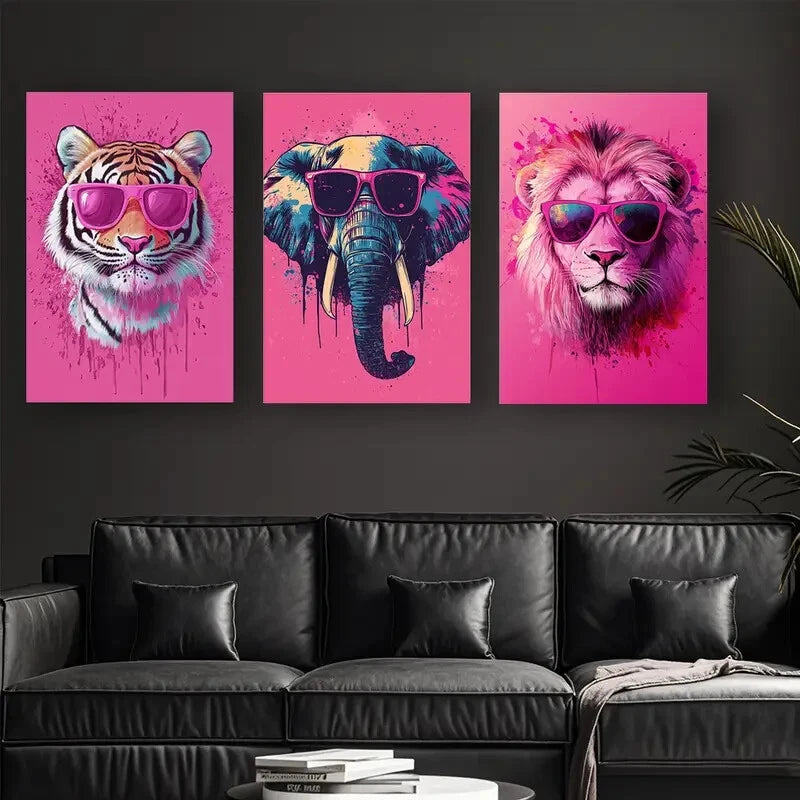 3pcs Vibrant Animal Tiger Elephant & Lion Glasses Metal Print Ready to Hang Art