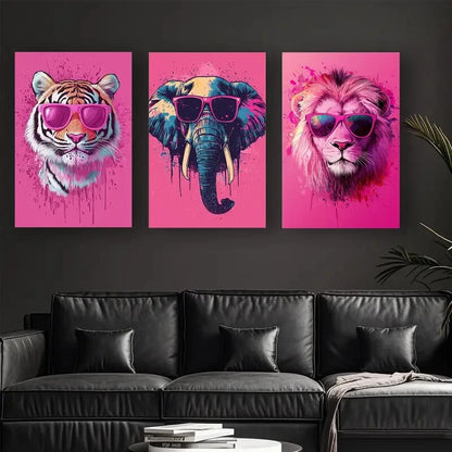 3pcs Vibrant Animal Tiger Elephant & Lion Glasses Metal Print Ready to Hang Art