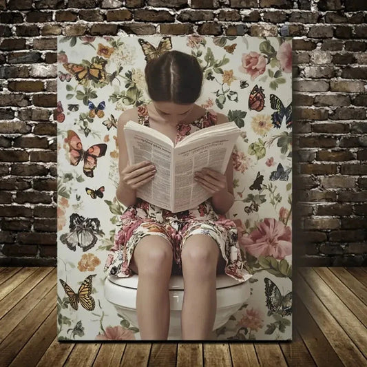 Contemporary Butterfly & Floral Reading Newspaper 40x60cm Metal Print Ready to Hang