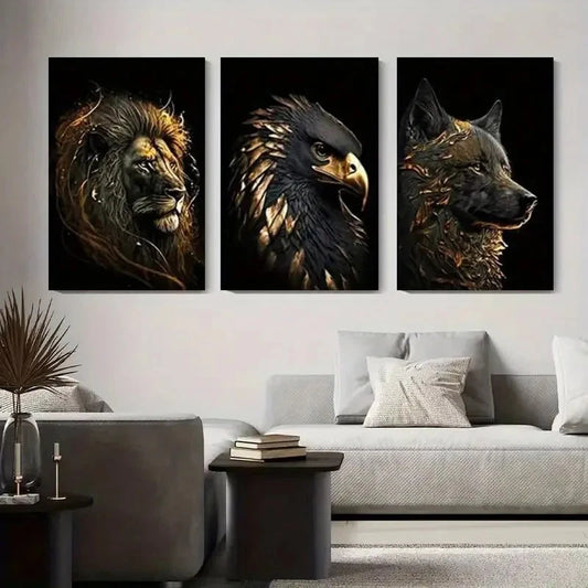 3pcs Lion Eagle Wolf Animal Abstract Painting Metal Print Ready to Hang Art