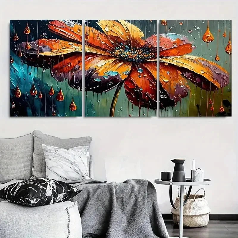 3pcs Vibrant Orange Flower in Rain Metal Print Ready to Hang Art