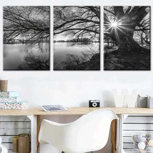 3pcs black and white art sunrise landscape Metal Print Ready to Hang Art
