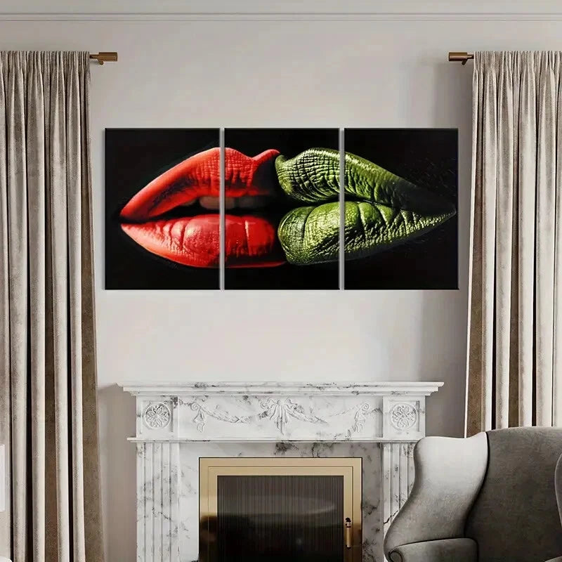 3pcs Red Lips Abstract Art Contrast Colors Metal Print Ready to Hang Art