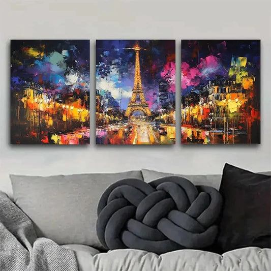 3pcs Eiffel Tower Abstract Night Scene Paintings Metal Print Ready to Hang Art