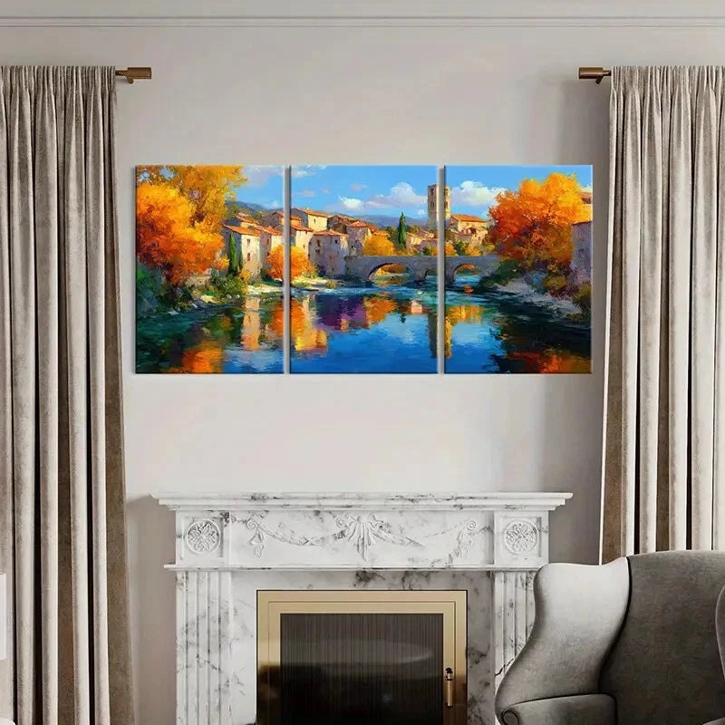 3pcs Autumn Village Reflection River Landscape Metal Print Ready to Hang Art