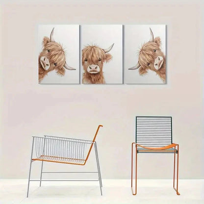 3pcs Cute Animal Highland Cow Wall Art Set Canvas Framed 50x70cm - High Quality Print 100% Australian Made Wall Canvas Ready to Hang
