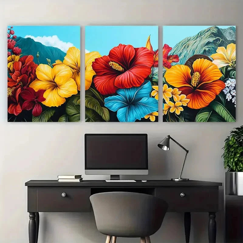 3pcs Santiago Travel Floral Illustration Wall Art Set Canvas Framed 50x70cm - High Quality Print 100% Australian Made Wall Canvas Ready to Hang