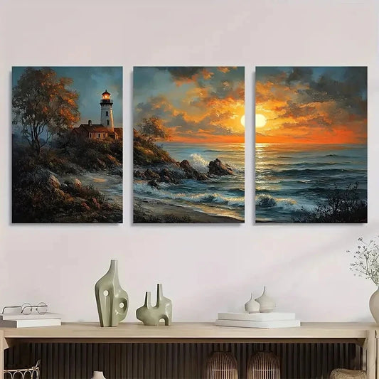 3pcs Coastal Lighthouse Beach Scene Metal Print Ready to Hang Art