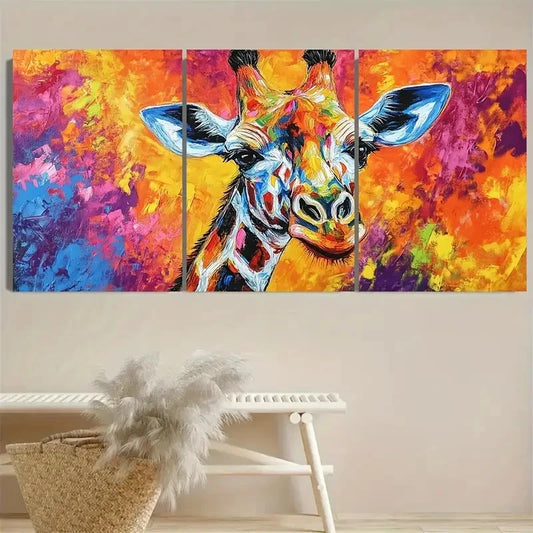 3pcs Colorful Giraffe Abstract Animal Landscape Wall Art Set Canvas Framed 50x70cm - High Quality Print 100% Australian Made Wall Canvas Ready to Hang