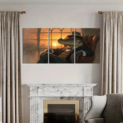 3pcs Alligator Gentleman Elegant Suit Hat Metal Print Ready to Hang Art