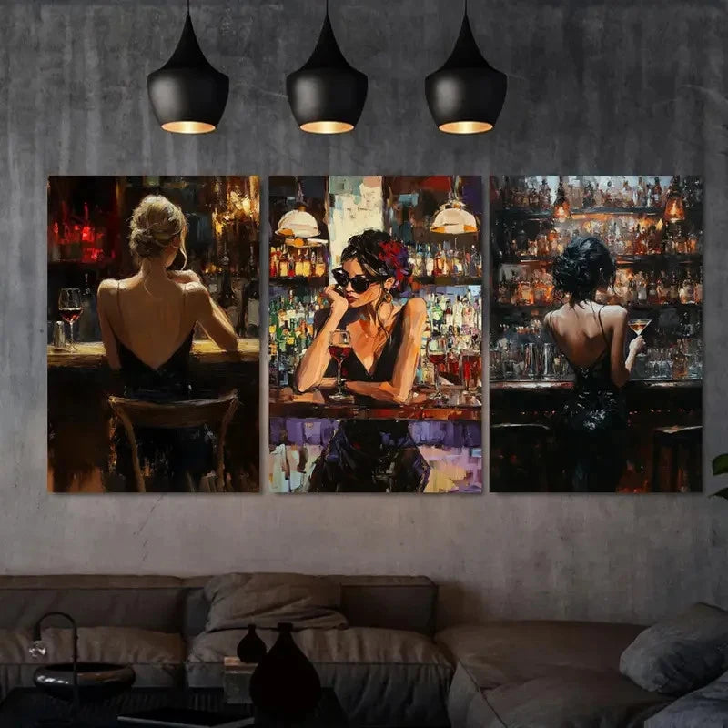 3pcs Stylish Wine Time Women at Bar  Metal Print Ready to Hang Art