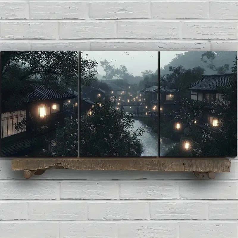 3pcs Traditional Asian Landscape with Lanterns Metal Print Ready to Hang Art