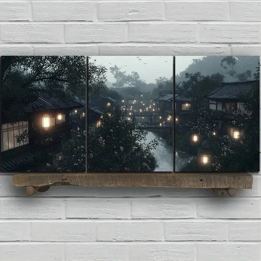 3pcs Traditional Asian Landscape with Lanterns Metal Print Ready to Hang Art