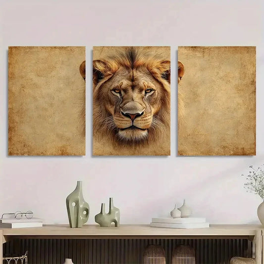 3pcs Vintage Style Lion Animal Themed Metal Print Ready to Hang Art
